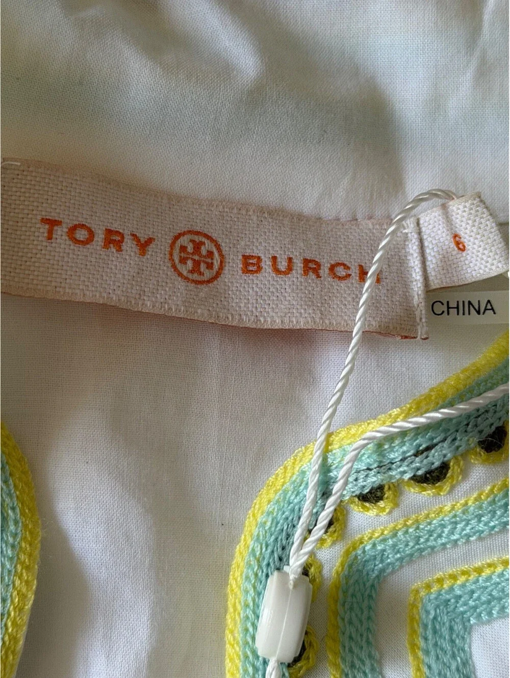 Tory Burch Isla Collins Stripe Tessa Tunic White Mint Green Embroidered Top Sz 6